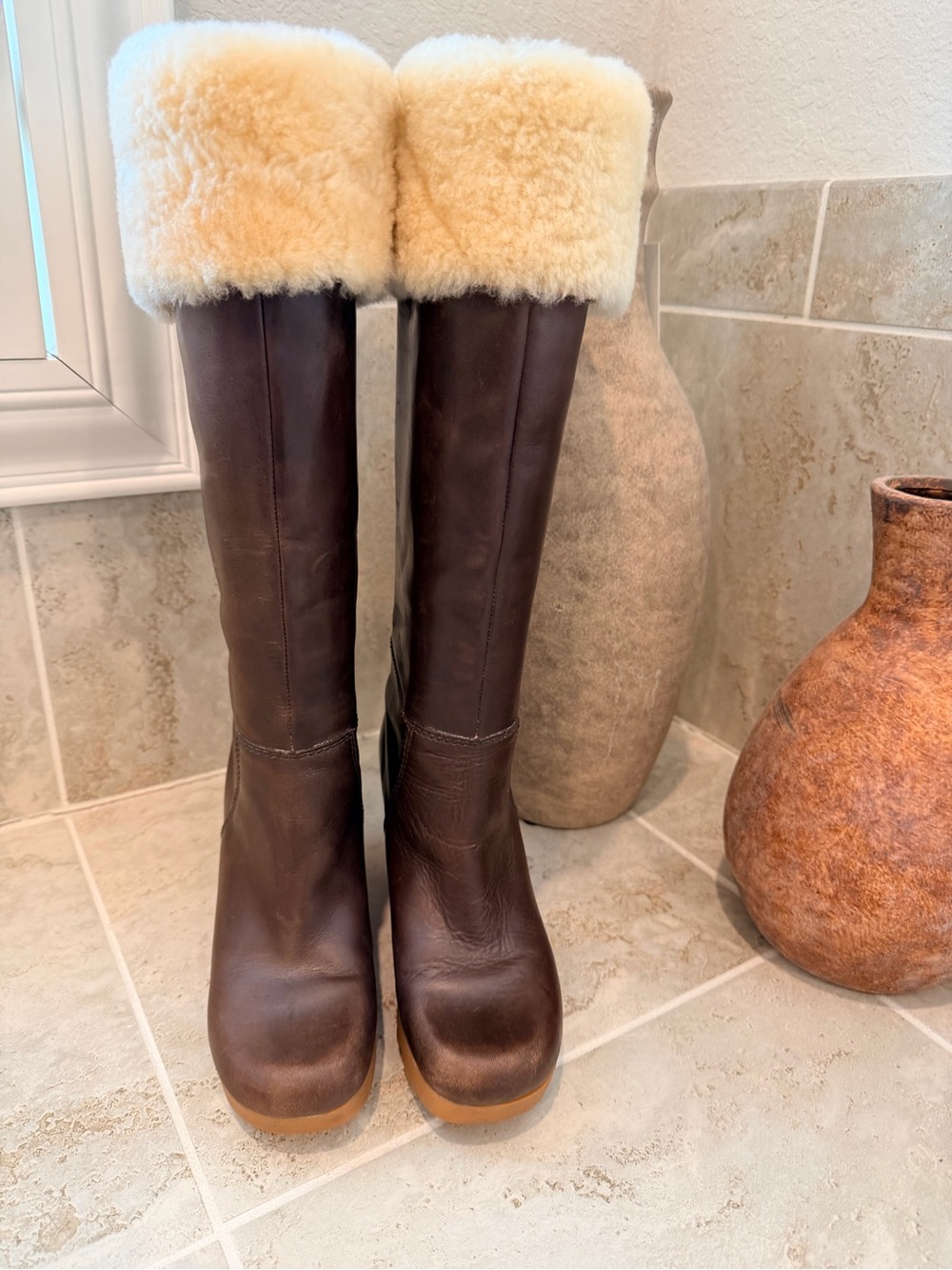 Michael Kors Brown Leather Tall Boots with Cream Shearling Cuff